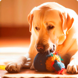 Perro jugando con su toy pet