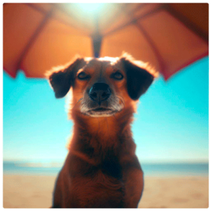 Perro en la playa bajo un parasol