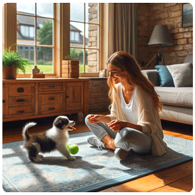 Mujer jugando con su perro cachorro