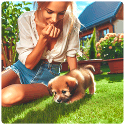 Mujer junto a su pero cachorro