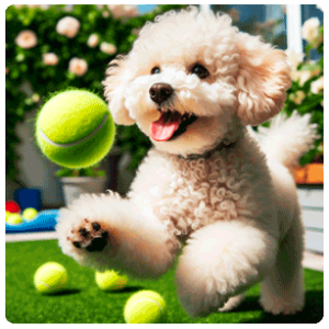 Caniche jugando con su pelota