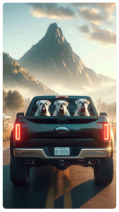 3 perros bull dog blancos en una camioneta